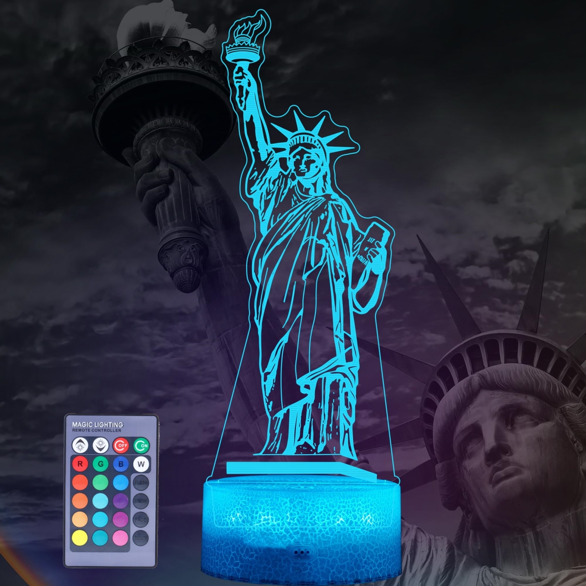 Picture of A-Sonic XS68208 Statue of Liberty Night Light - Statue of Liberty Gifts - 3D Illusion Lamp with 16 Colors Changing - Remote & Dimmable - Kids Boys Girls Room Decor - Holiday Xmas World Landmark