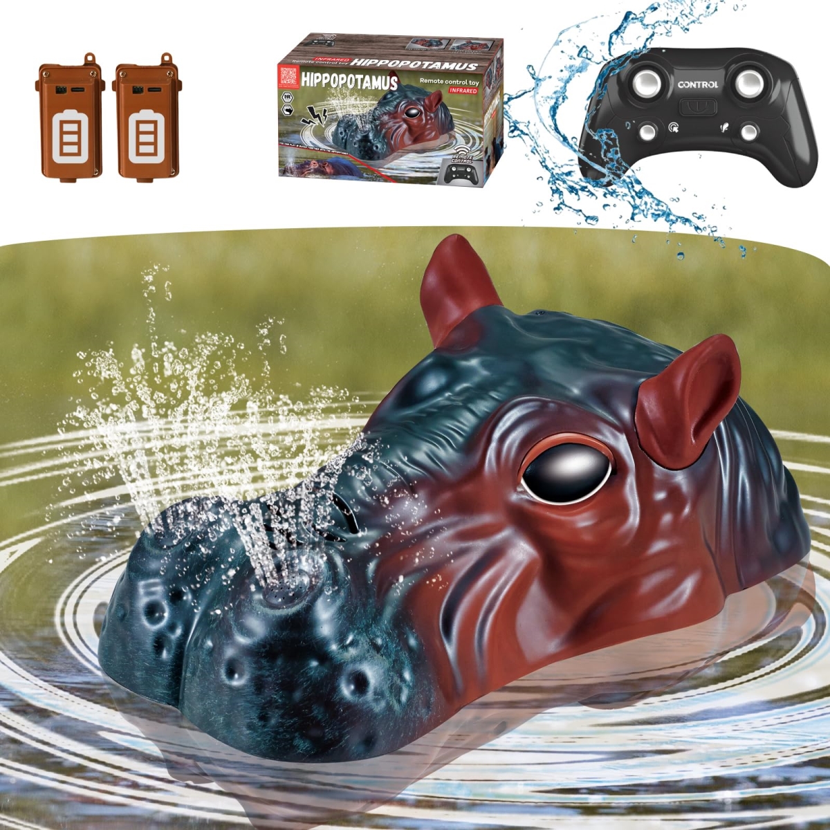 Picture of A-Sonic XS68503 Control Boat for Kids & Adults - Simulated Hippo with Movable Eyes & Ears - Spray Water - Sounds & LED Lights - RC Boat for Pools&#44; Lakes - Bathtubs - 2 - Gifts for Boys & Girls