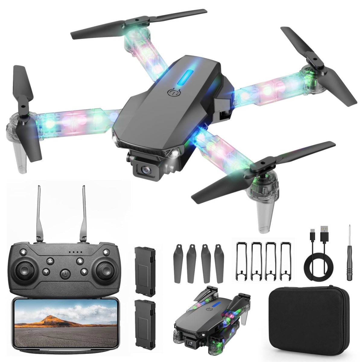 XS69370 Light up Drone with Camera 1080P for Kids Foldable Mini Drone for Kids Adults Beginners Boys Toys Auto Return One Key Take Off Gifts for Boys