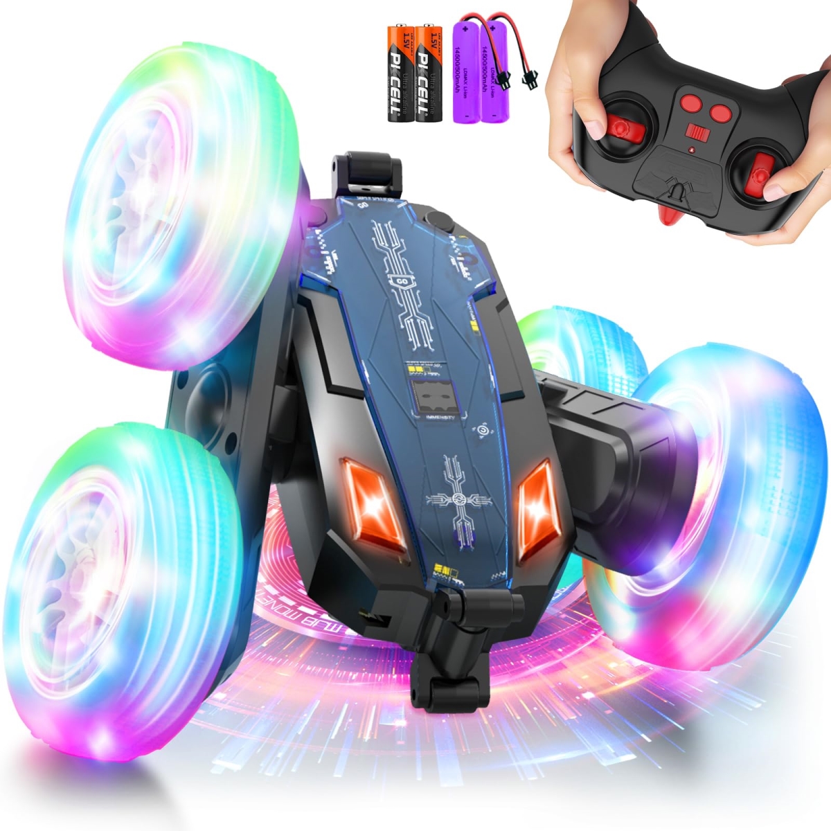 Upgraded 2.4Ghz 4WD Double-Sided 360 deg Rotating RC Crawler with Headlights & Wheel Lights - RC Truck Toy Cars Gift for Kids Boys & Girls Aged 6-12