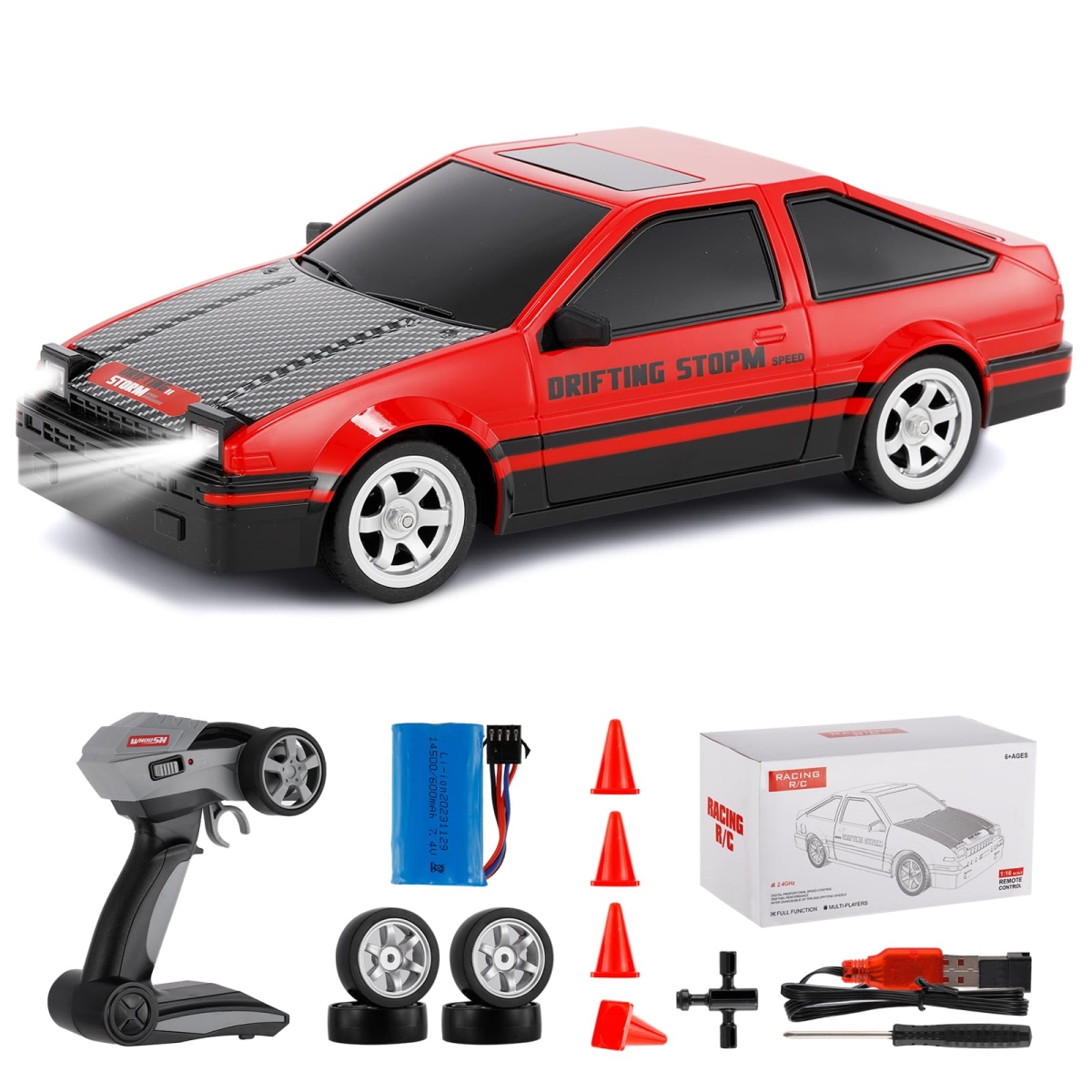 1-16 Scale Remote Control Drifting Car, 4WD RC Cars - 30km-hHigh Speed RC Racing Car with LED Lights & Drifting Tire for Kids & Adults - Red