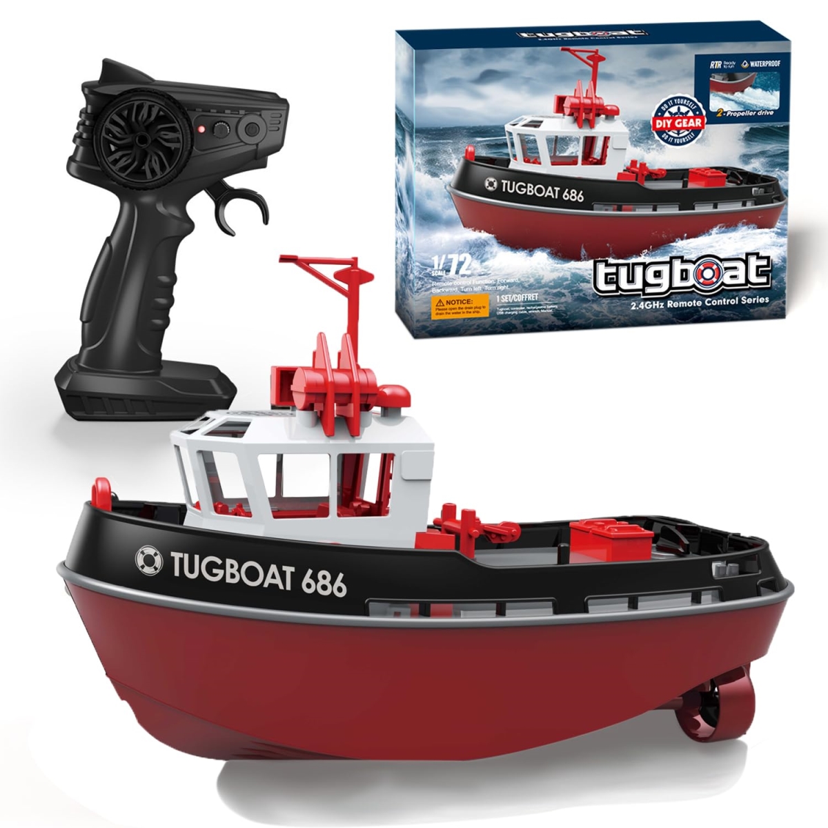 XS70655 0.14 2 RC Tugboat Boat for Pools & Lakes - 2.4Ghz High-Speed Remote Control Boat with LED Lights & Low Battery Alarm for Kids & Adults -  A-Sonic
