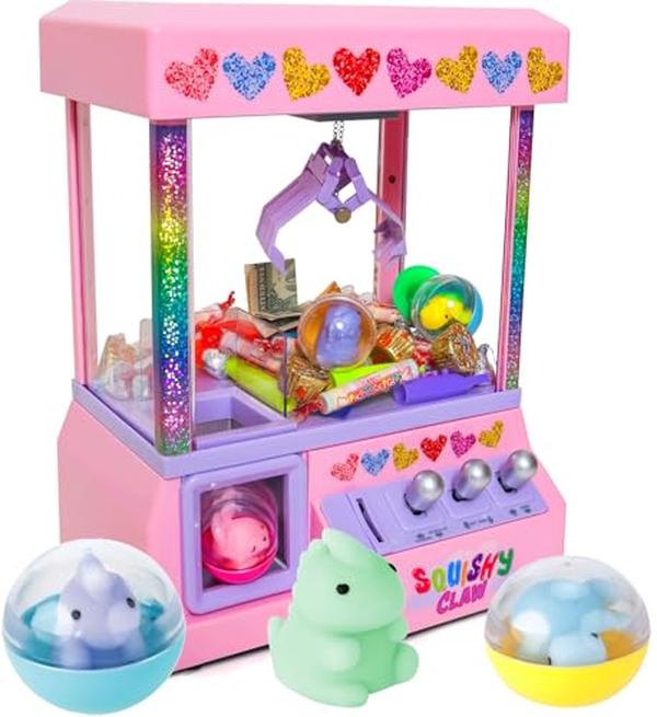 XS70661 Squishy Claw Machine Arcade Game Candy Grabber Prize Dispenser with 3 Squishy Toys & Reusable Capsules
