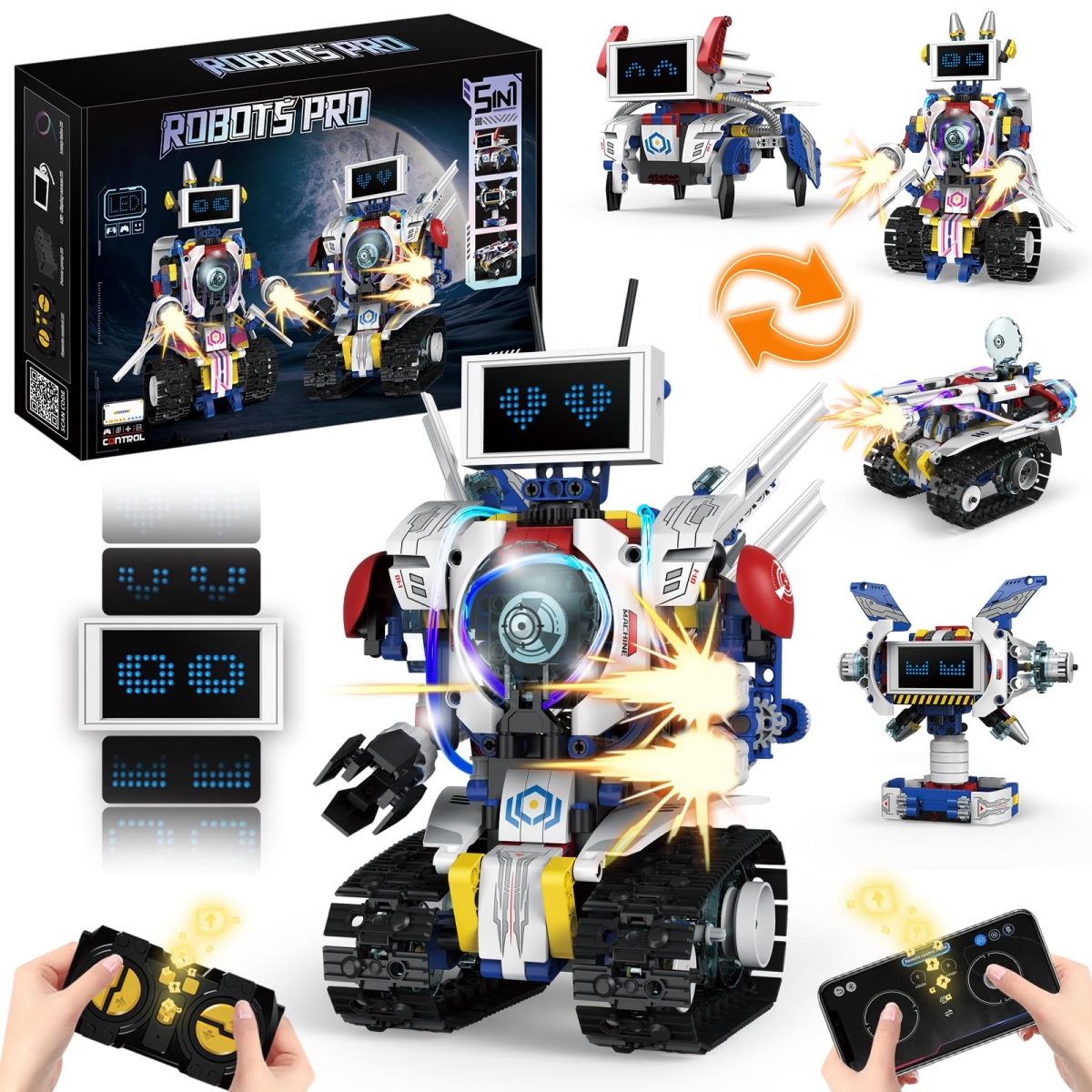 Picture of A-Sonic XS70885 5-in-1 STEM Robot Building Kit - APP & Remote Control Screen Building Toys - Eye Coding Robots Rechargeable - 620 Piece DIY Super Warriors for Kids Learning - Boys Girls