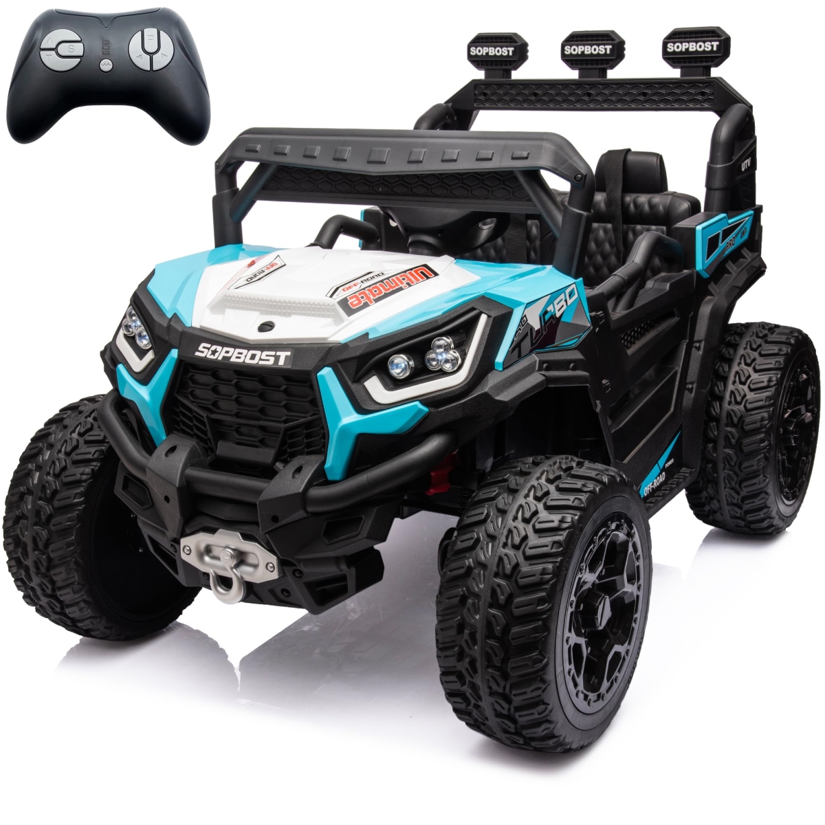 24V 7Ah Kids UTV Ride-On Car with Remote Control 4WD Battery Powered Ride-On Toys Off-Road Electric Car for Boys Girls - Music Play - Blue & White
