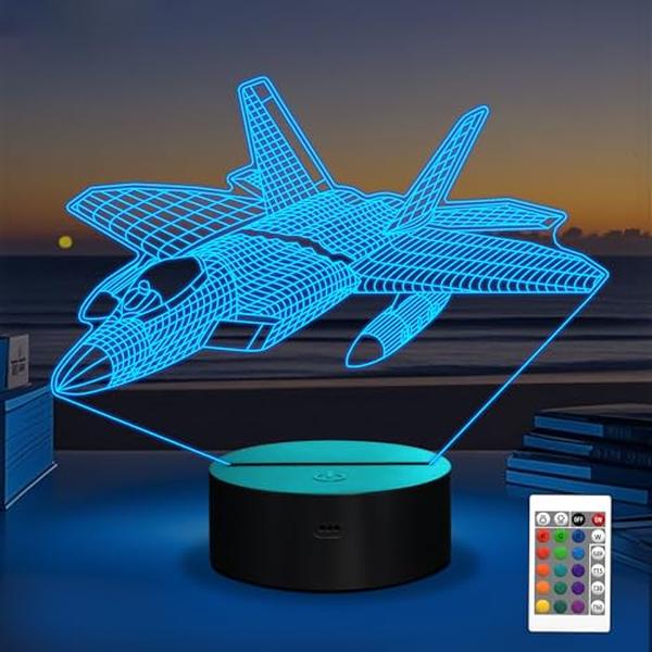 Picture of A-Sonic XS68181 Model Gifts for Boys Men Pilot - 16 Colors 3D Airplane Night Light for Aviation Lovers Room Decor - F-22 Raptor Vehicle Fighter Jet Plane 3D Illusion Lamp for Kids Xmas Gifts