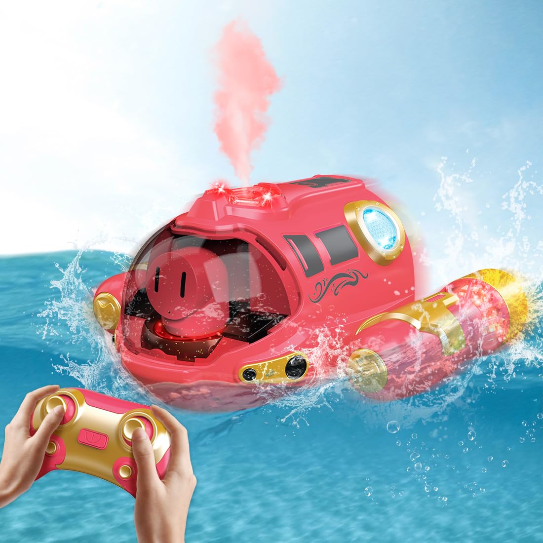 Picture of A-Sonic XS68325 Control Boat Toys - 2.4Ghz RC Spray Steamer with LED Lights - Electric Boat Toys for Pool & Lake Water - Christmas RC Boat Toys for 6 7 8 9 10 Years Old Kids Boys & Girls - Pink