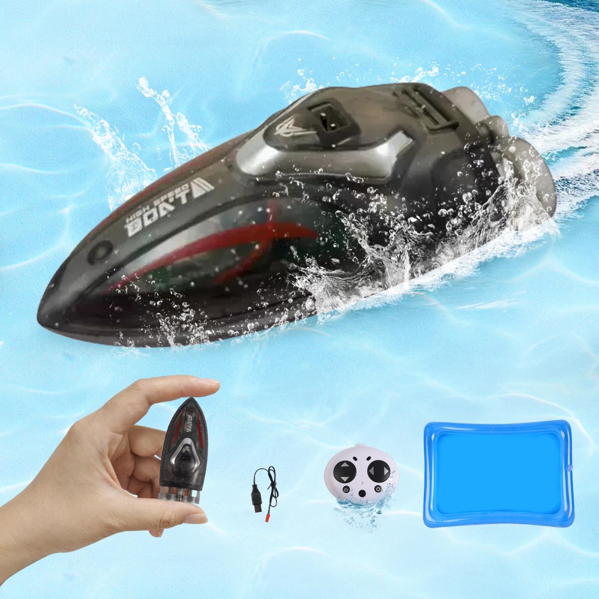 Picture of A-Sonic XS68366 2.4Ghz Waterproof Rechargeable Battery Remote Control Boat for Kids 8-12 - 360 deg Rotation Colorful Lighting Toys Remote Control Boats for Swimming Pool & Lakes - Black