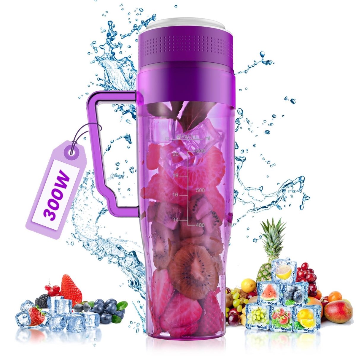 Picture of A-Sonic XS68717 300W 22 oz Personal Blender for Shakes & Smoothies - 6-Blade BPA-Free Design - USB Rechargeable - Juicer with Handle & Straw Lid - Purple