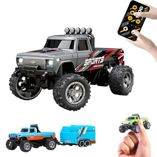 1-64 Scale Monster Truck Remote Control Car with Lights - 2.4Ghz Remote Control - Mini Alloy Monster Truck RC - Speed & Steering Adjustable - Grey