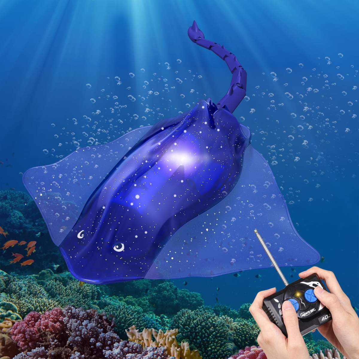 Picture of A-Sonic XS69071 Remote Control Boat High-Simulation Diving Manta Ray Pool Toys for Kids Age 4 Plus - 2.4gz RC Boat Stingray Robot Fish Toy with LED Lights for Lake Swimming Pool Bathroom - Blue