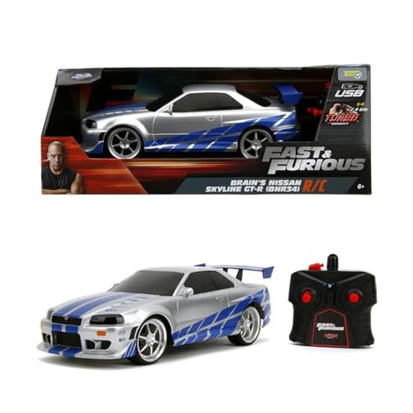 XS69317 Toys Fast & Furious Brians Nissan Skyline GT-R - Bnr34- Ready to Run RC Radio Control Toy - Vehicle 1- 16 Scale - Silver & Blue - 99370
