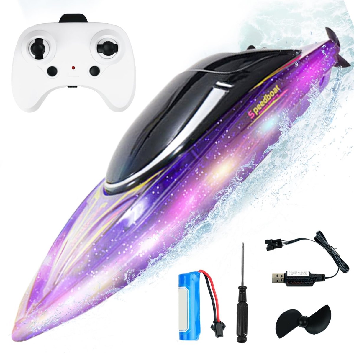Picture of A-Sonic XS69378 10 in. Remote Control Boat for Kids & Adults - 10 KPH Fast RC Speed Boat with 650mAh Battery - Ideal Waterproof Toy Boats for Pools & Lakes - RH708 Purple