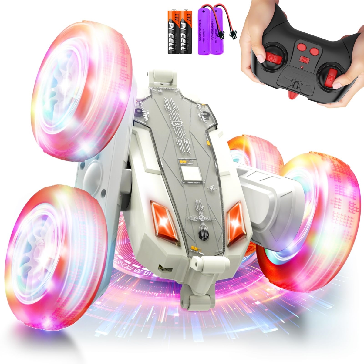 Upgraded 2.4Ghz 4WD Double-Sided 360 deg Rotating RC Crawler with Headlights & Wheel Lights - RC Truck Toy Cars Gift for Kids Boys & Girls Aged 6-12