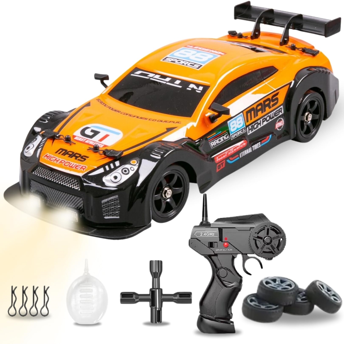 Imports RC Drifting Car 1-16 Scale 2.4GHz 4WD Remote Control Sport Racing On-Road Vehicle with LED Light - Batteries & Drifting Tires - Orange