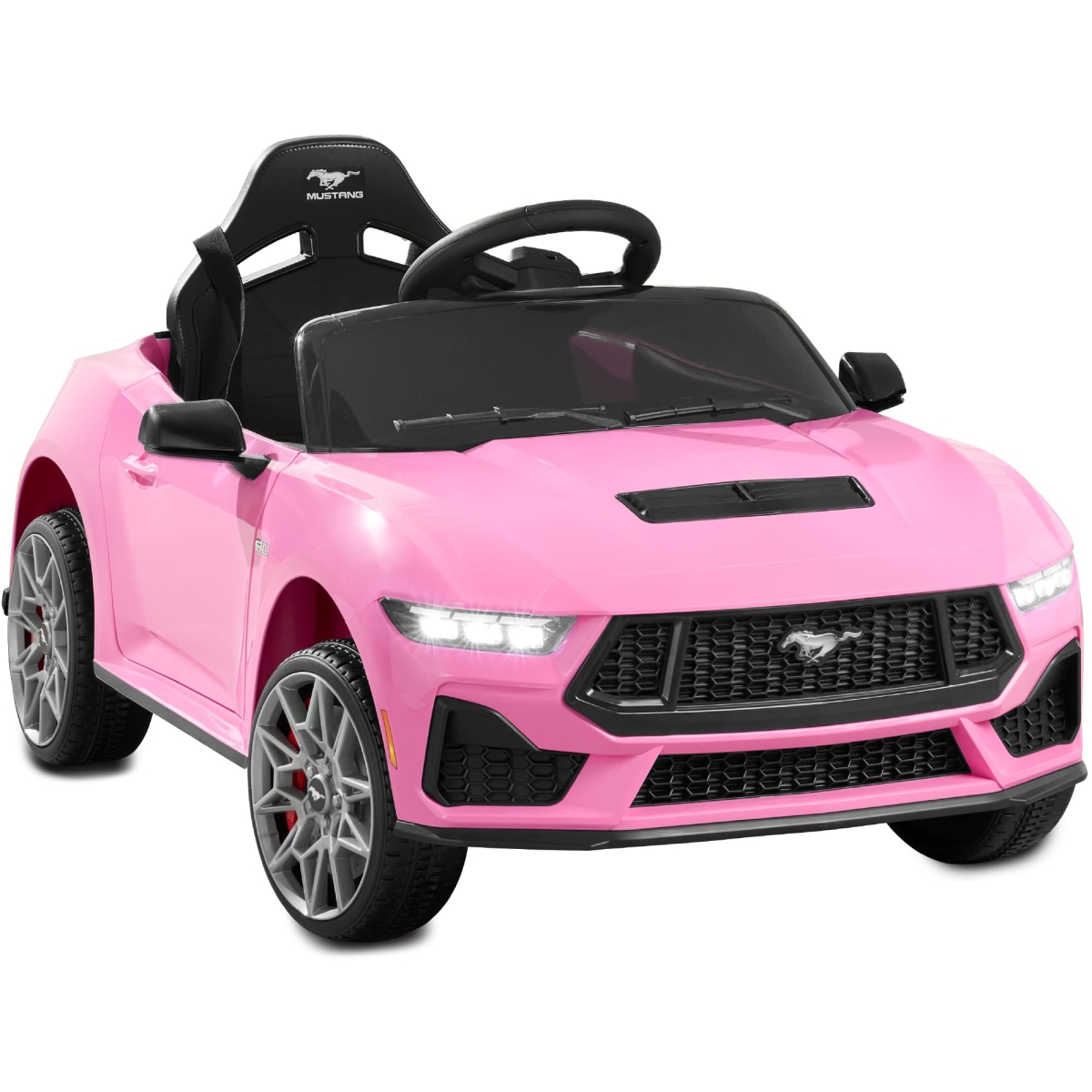 Choice Products Kids 12V Electric Ride-On Car Officially Licensed Ford Mustang with Parent Control - LED Lights - 2 Speeds - Bluetooth - Pink