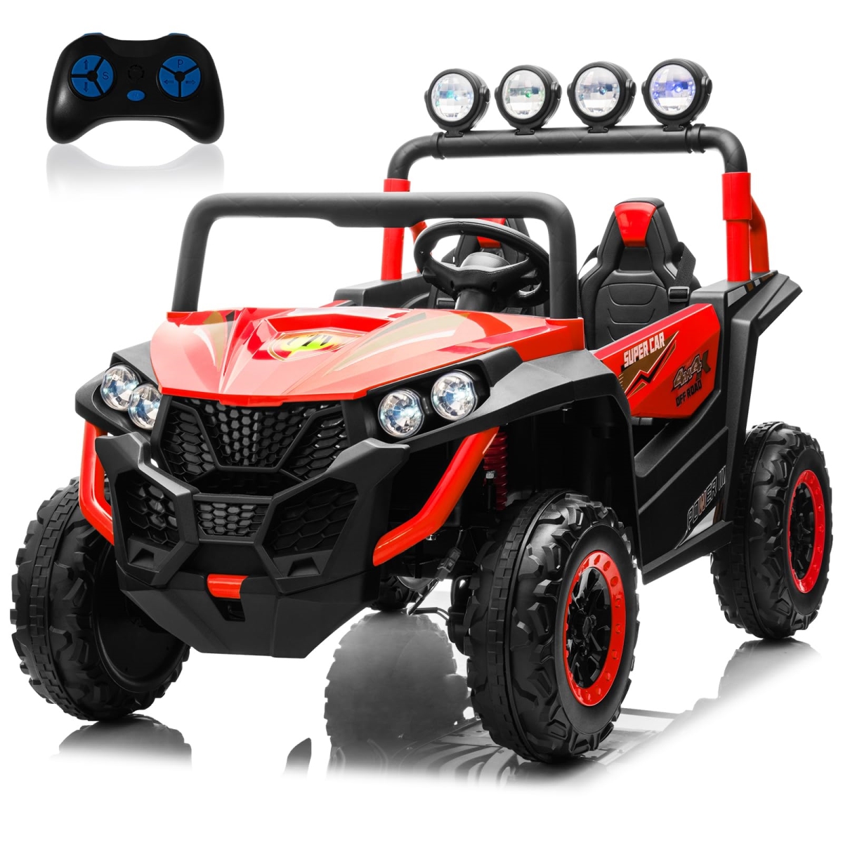 24V 2 Seater Ride-On Car for Kids - 4WD Electric Cars Vehicles for Kids 3-8 Years with Remote Control - Bright LED Light - Bluetooth Music - Red