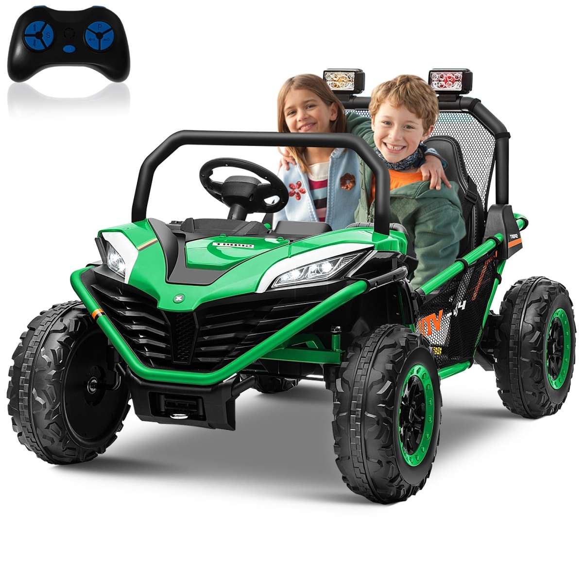 XS-73260 24 Volt 10AH Ride-On Car UTV 2 Seater - Kids Electric Car - Metal Frame - Brake & Gas Pedal - EVA Tires - Bluetooth - Green