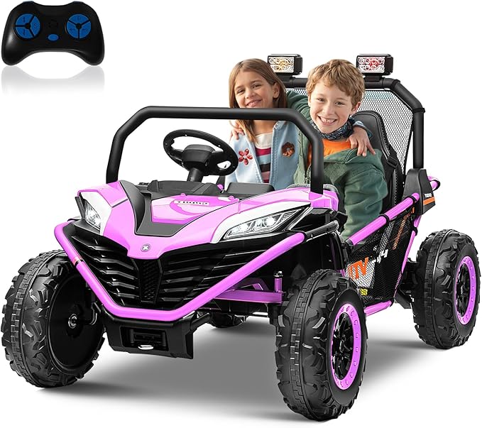 XS-73252 24 Volt 10AH Ride-On Car UTV 2 Seater - Kids Electric Car - Metal Frame - Brake & Gas Pedal - EVA Tires - Bluetooth - Purple & Pink