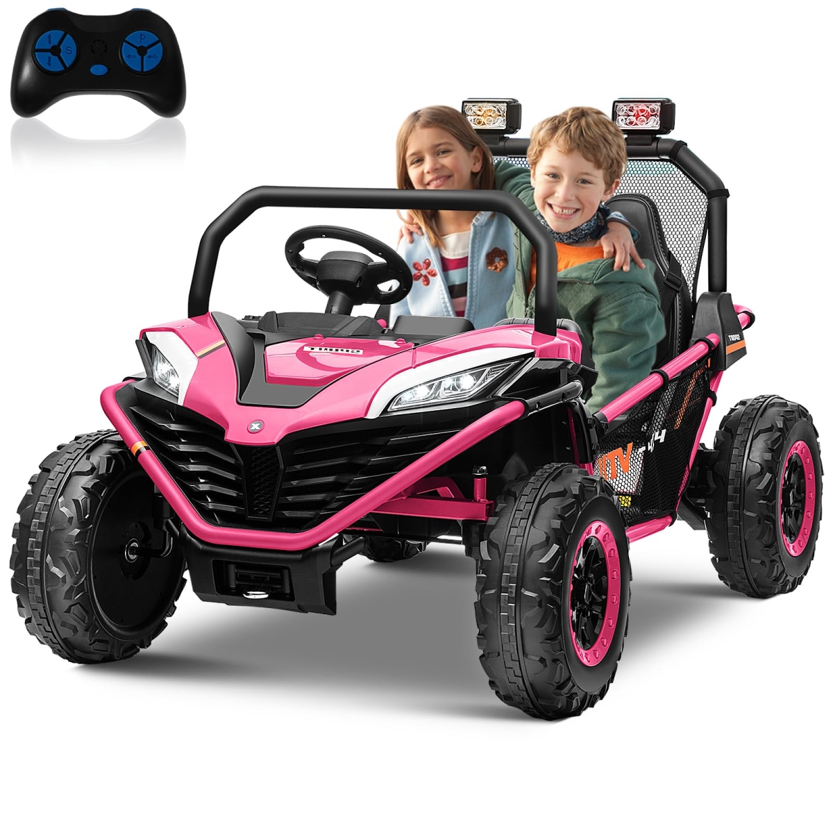 XS-73262 24 Volt 10AH Ride-On Car UTV 2 Seater - Kids Electric Car - Metal Frame - Brake & Gas Pedal - EVA Tires - Bluetooth - Pink