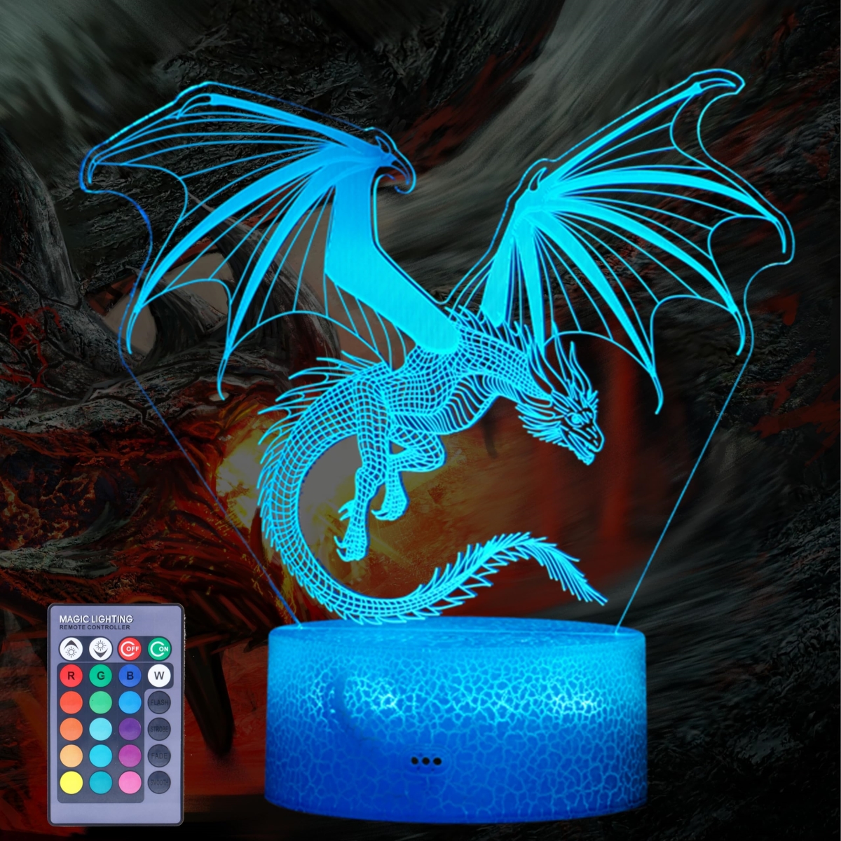 Picture of A-Sonic XS67982 Night Light - Dragon Gifts - 3D Illusion Lamp with 16 Colors Changing - Remote Control & Dimmable - Kids Boys Girls Room Decoration - Holiday Xmas Gifts