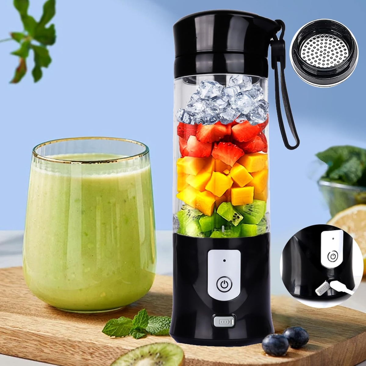 Picture of A-Sonic XS68053 Personal Blender - 13 oz Cordless Juicer Cup - Serrated 6 Blade with Filter - USB Rechargeable & Self Cleaning - Ideal for Smoothies - Ice Blending - Juicing - Mini Blender for Travel