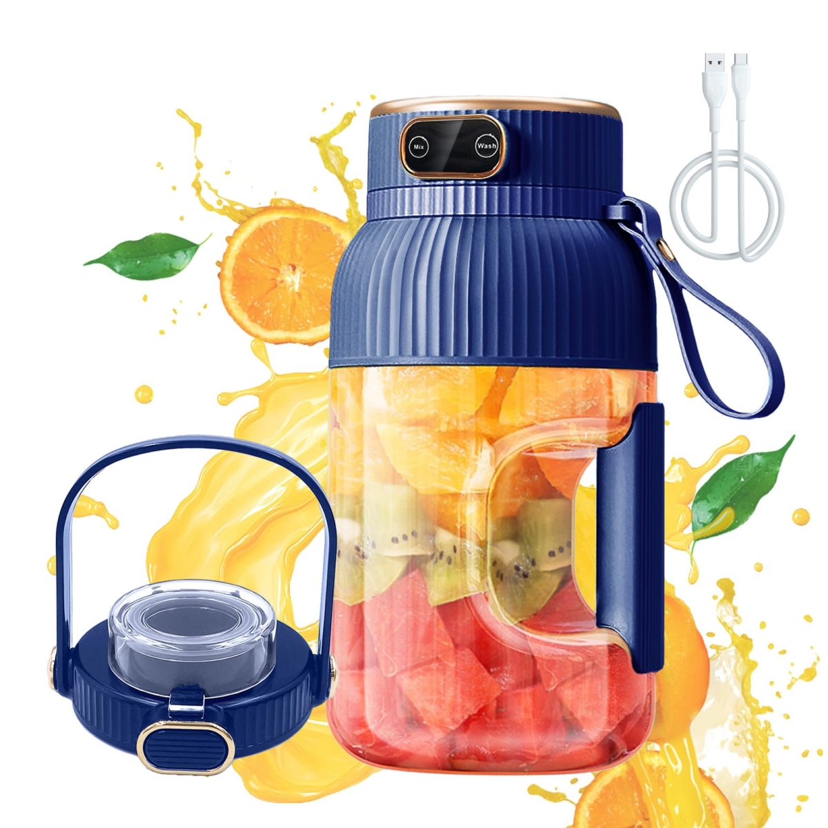 Picture of A-Sonic XS68106 Portable Juicer Cup with Digital Display - USB Rechargeable Portable Juicer Blender - 40.6 oz Personal Portable Juicer Cup with Double Lids - Blue