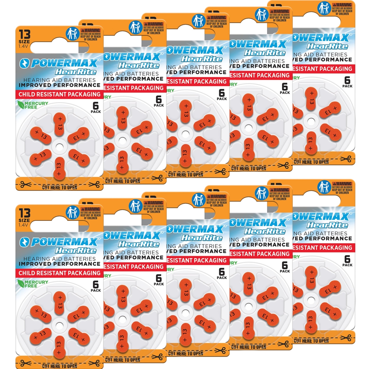 XS68263 Size 13 Hearing Aid Batteries - 60 Count Long-Lasting Battery Pack - Orange Long Tab for Easy Change