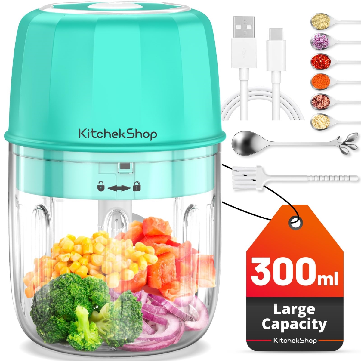 Picture of A-Sonic XS68574 Portable & Cordless Mini Food Processor 300ML with Stainless Steel Blade - Electric Garlic Chopper Vegetable Chopper Blender for Nuts Chili Onion Minced Meat & Spices BPA-Free - Green