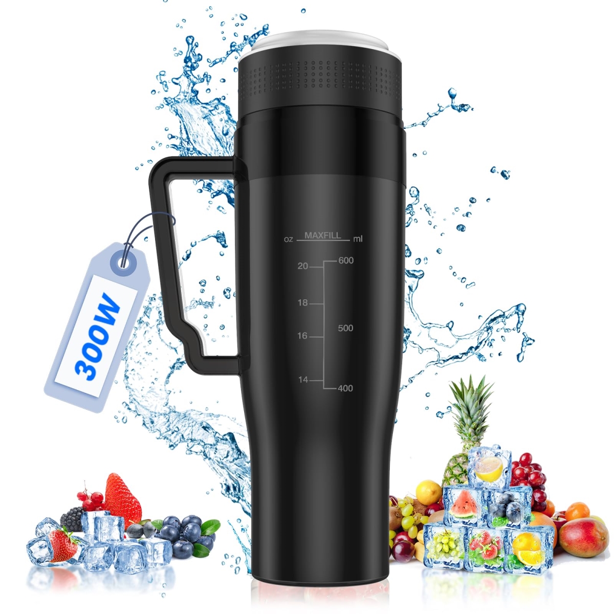 Picture of A-Sonic XS68718 300W Portable Blender - 22 oz Personal Blender for Shakes & Smoothies - 6-Blade BPA-Free Design - USB Rechargeable - Juicer with Handle & Straw Lid - Deep Black