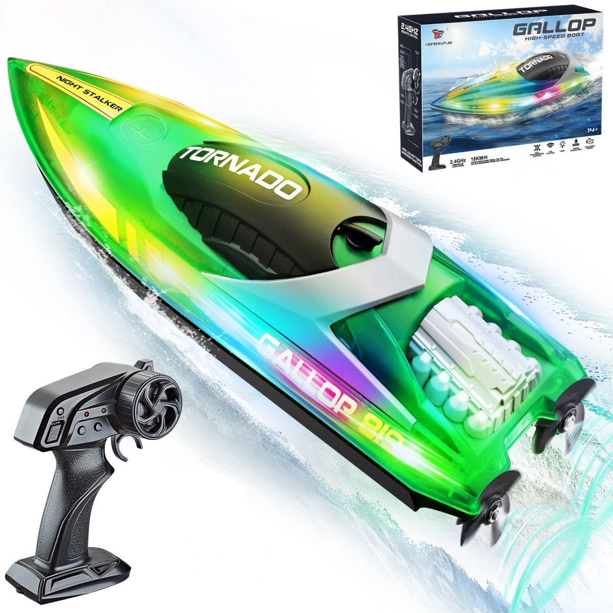 Picture of A-Sonic XS68757 Remote Control Boat 15 Plus MPH Fast RC Boat for Pool & Lake - HJ819 Remote Control Boat with LED Lights RC Speed Boat 2.4Ghz Race Boats for Adults & Kid - Pool Toys - Green
