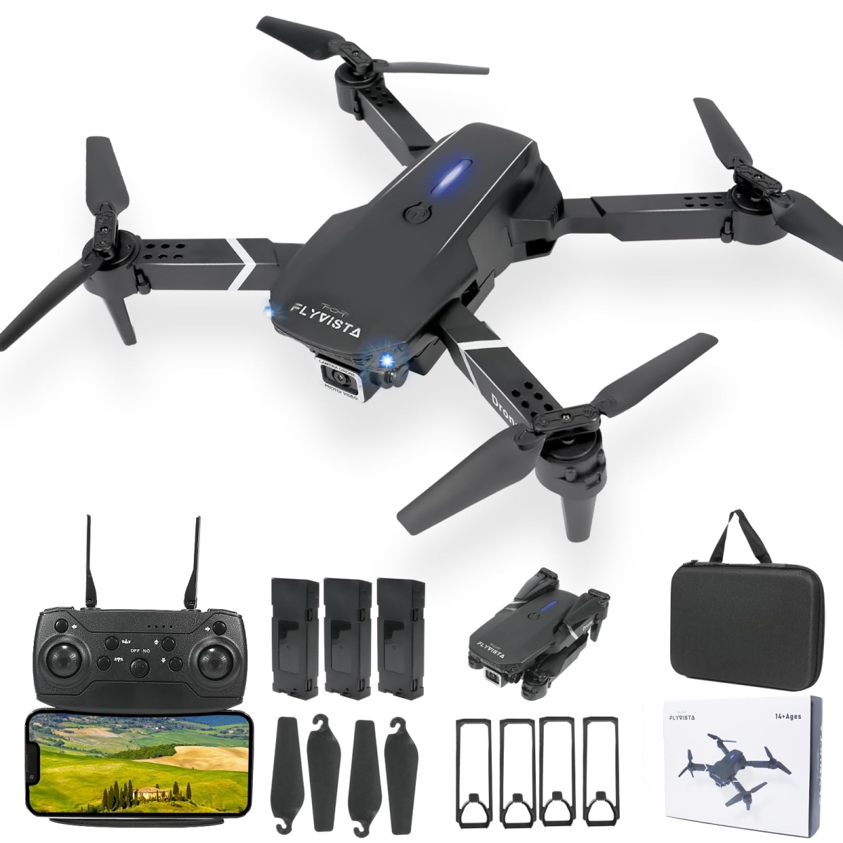 Picture of A-Sonic XS69008 Drone with Camera for Adults Kids - 1080P Wi-Fi FPV Camera Drone with 3 Batteries - One-Click Take Off & Landing - Altitude Hold - Headless Mode - 360 deg Flips - 3-Gear Speeds