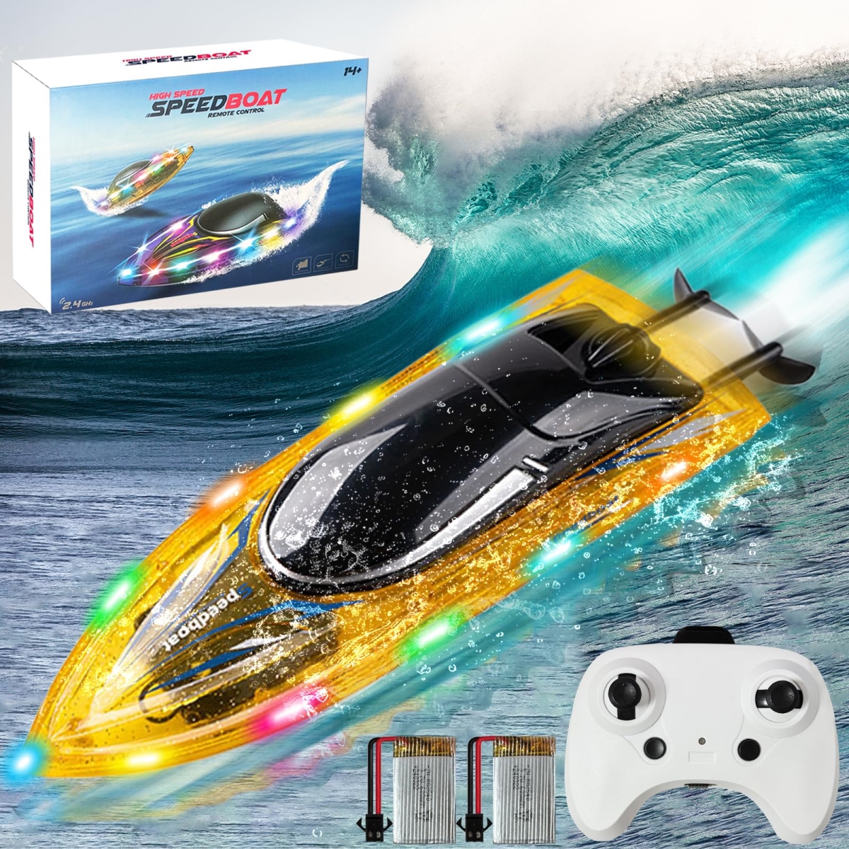 Picture of A-Sonic XS69096 Control Boat Toys-2.4GHz 20KPH with 2 Rechargeable Batteries-3 LED Light Modes 200 ft. RC Distance Waterproof-Best Pool Lake Water RC Boat for Kids - Yellow