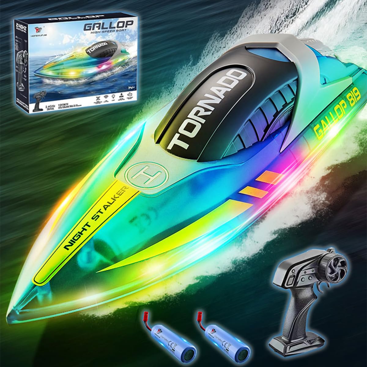 Picture of A-Sonic XS69281 Boat with LED Light for Kids - 15km-h- 2.4G Remote Control Boat with LED Lights - RC Electric Boats for Pools & Lakes with Rechargeable Batteries - Toy for Adults & Kids