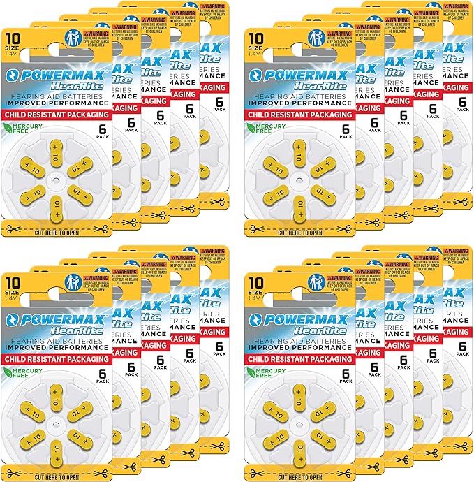 XS69709 Size 10 Hearing Aid Batteries - 120 Count Long-Lasting Battery Pack - Yellow Long Tab for Easy Change