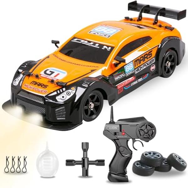 Imports RC Drifting Car 1-16 Scale 2.4GHz 4WD Remote Control Sport Racing On-Road Vehicle with LED Light - Batteries & Drifting Tires - Orange