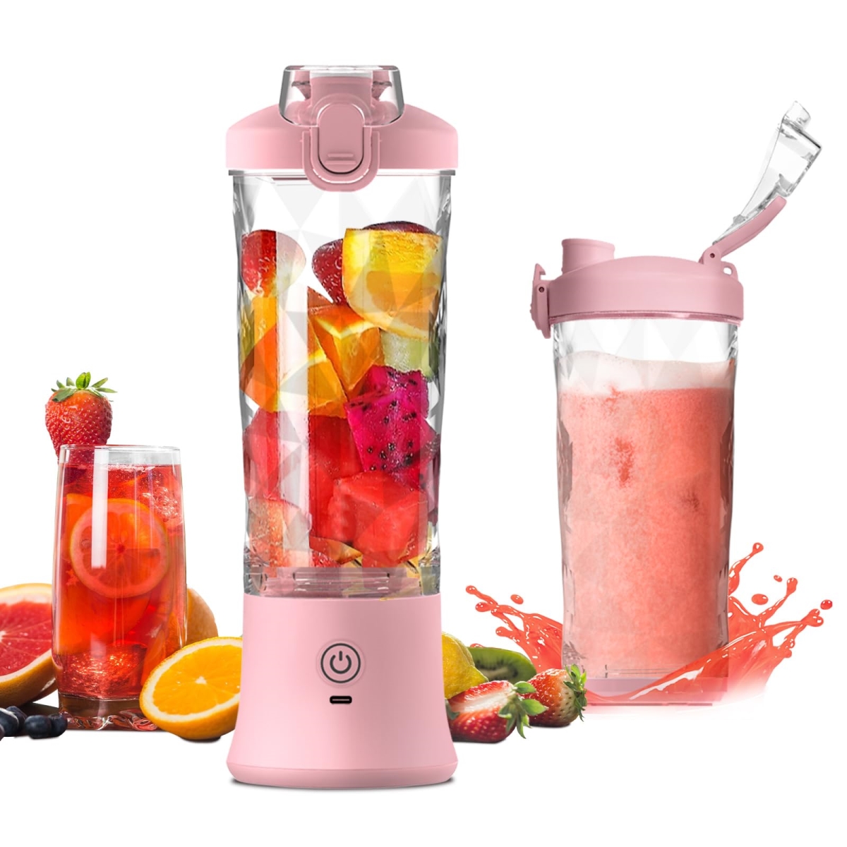 Picture of A-Sonic XS68850 Blender - Personal Blender for Shakes & Smoothies with 20 oz Travel Cup & Lid - Mini Personal Size Blender with 6 Blades & USB Rechargeable for Gym - Kitchen & Outdoors - Pink