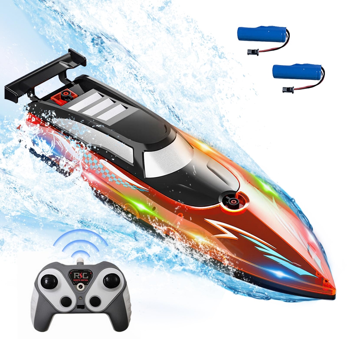 Picture of A-Sonic XS68926 2.4GHz RC Boat with LED Lights - 20MPH High-Speed Waterproof Remote Control Boat for Pools & Lakes - Anti-Collision Design - Rechargeable Battery - Water Toy for Kids & Adults