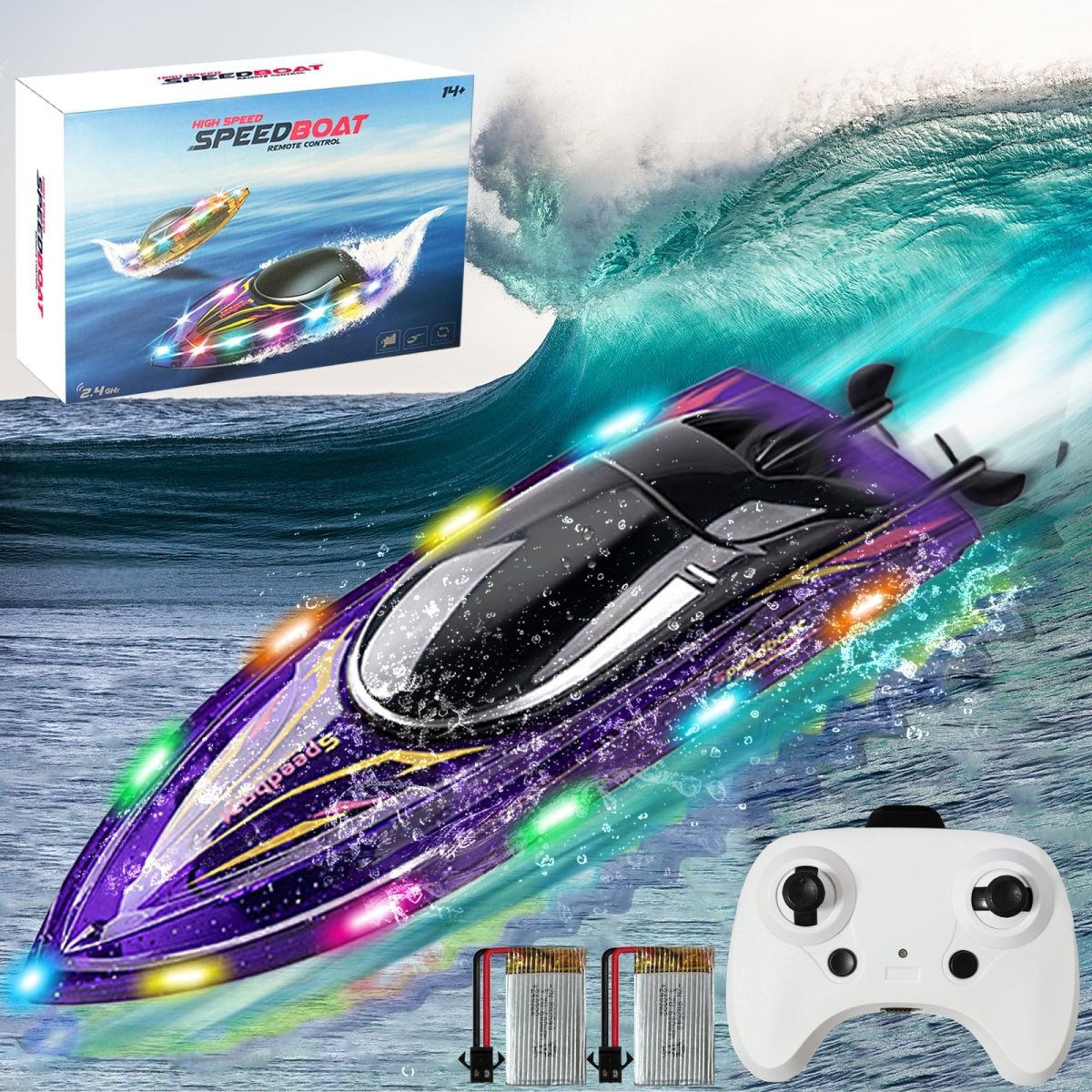 Picture of A-Sonic XS69064 Control Boat Toys-2.4GHz 20KPH with 2 Rechargeable Batteries-3 LED Light Modes 200 ft. RC Distance-Rechargeable Waterproof RC Boat-Best Pool Lake Water for Kids Adults - Purple