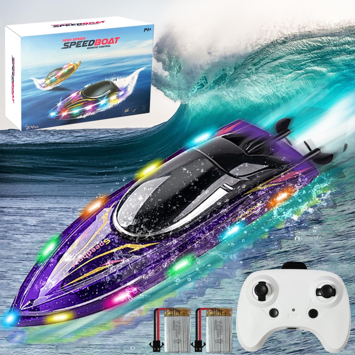 Picture of A-Sonic XS69097 Control Boat Toys-2.4GHz 20KPH with 2 Rechargeable Batteries-3 LED Light Modes 200 ft. RC Distance-Rechargeable Waterproof RC Boat-Best Pool Lake Water for Kids Adults - Purple