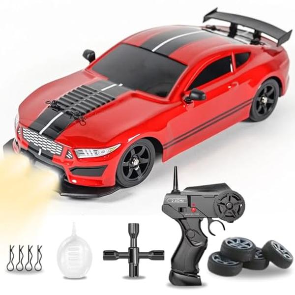 XS69988 Imports RC Drifting Car 1-16 Scale 2.4GHz 4WD Remote Control Sport Racing On-Road Vehicle with LED Light - Batteries & Drifting Tires - Red
