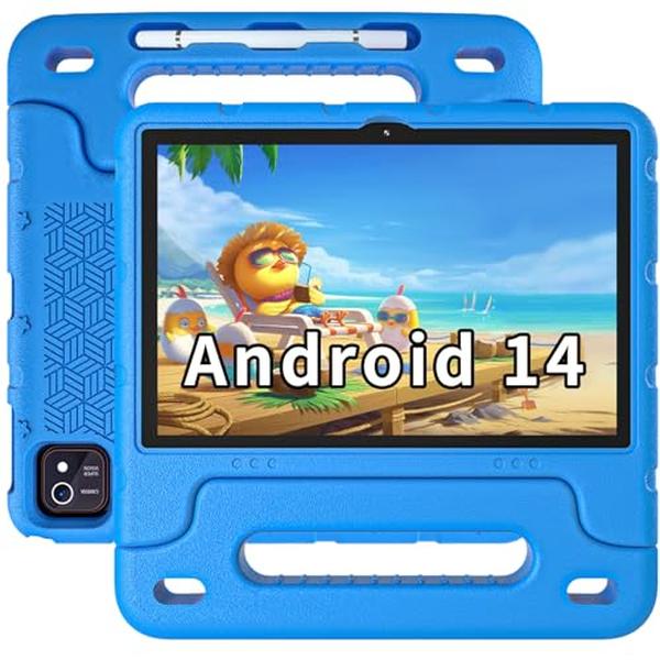 XS71194 Tablet Android 14 Tablet 10 in. Kids Tablets with Case Quad Core 64GB Dual Camera Parental Controls 2.4G Wi-Fi Educational Tablets - Blue