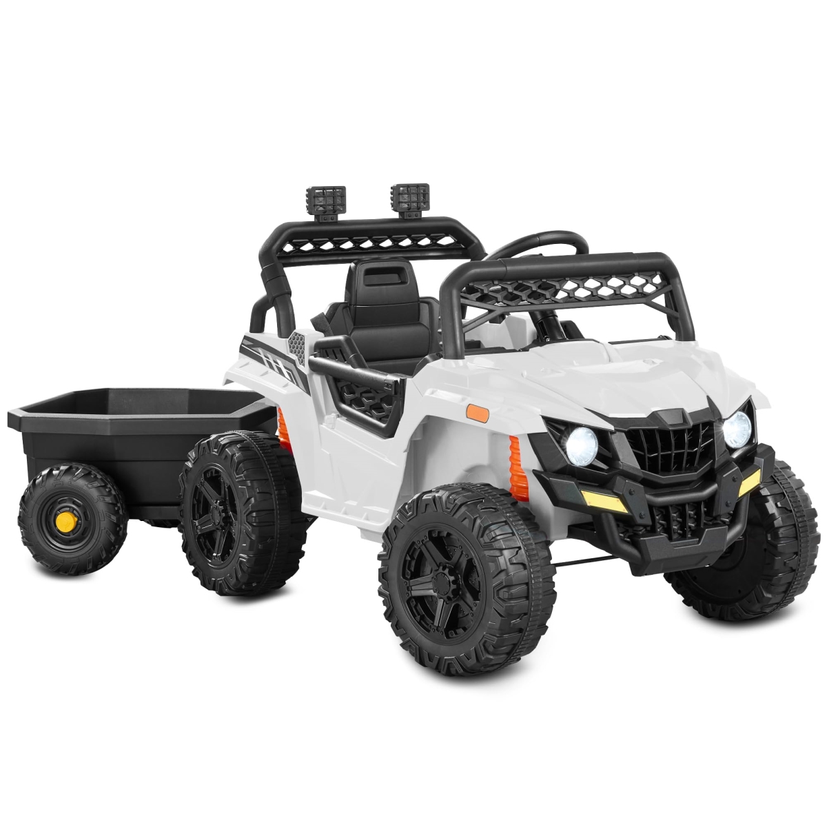 XS-72727 Choice Products Kids 12V Electric Ride-On UTV Car & Trailer with Parent Control - LED Lights - 2 Speeds - Bluetooth - White