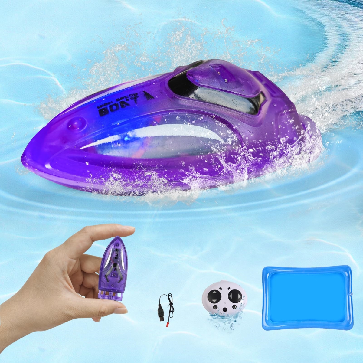 Picture of A-Sonic XS68367 Mini RC Boat 2.4Ghz Waterproof Rechargeable Battery Remote Control Boat for Kids 8-12 - 360 deg Rotation Colorful Lighting Remote Control Boats for Swimming Pool & Lakes&#44; Purple