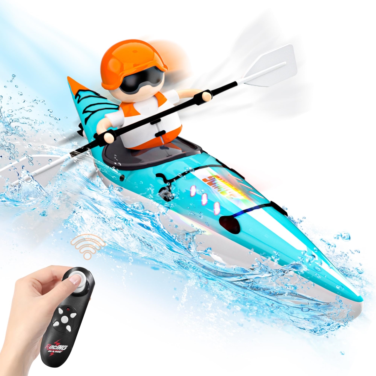 Picture of A-Sonic XS68518 RC Kayak Boat Toy - 2.4 Ghz Remote Control Paddle Boat Toys - Toddler Water Racing Boat with Light for Pools - Lake - Bathtub Summer Outdoor Water Toys Gift for Ages 6-12 Boys Girls