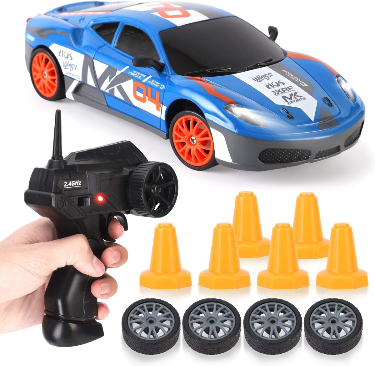 Imports RC Drifting Car 1-24 Scale 2.4GHz 4WD Remote Control Sport Racing On-Road Vehicle with LED Light - Batteries & Drifting Tires - Style 7