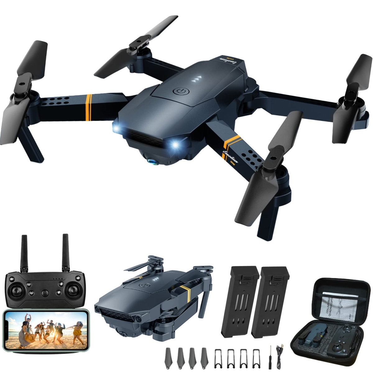 Picture of A-Sonic XS68834 with Camera for Adults Kids - Foldable RC Quadcopter - Helicopter Toys - 1080P FPV Video Drone for Beginners - Carrying Case - One Key Start - Altitude Hold - Headless Mode - 3D Flips