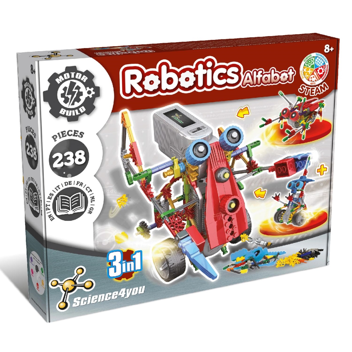 Picture of A-Sonic XS69658 Robotics Alfabot - Robot Building Kit for Kids - 238 Piece - Build Your Own Robots & Make Them Move - 3 Different Robots in 1 Toy - STEM Educational Toy for Kids Age 8-14