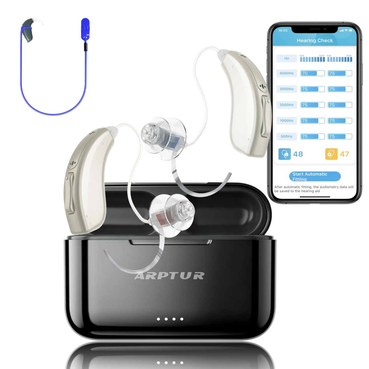 Hearing Aids for Seniors APP Control Rechargeable Noise Cancelling OTC Hearing Aids Wireless Music Stream Hand-free Phone Call - Gold Plus Blue Clip