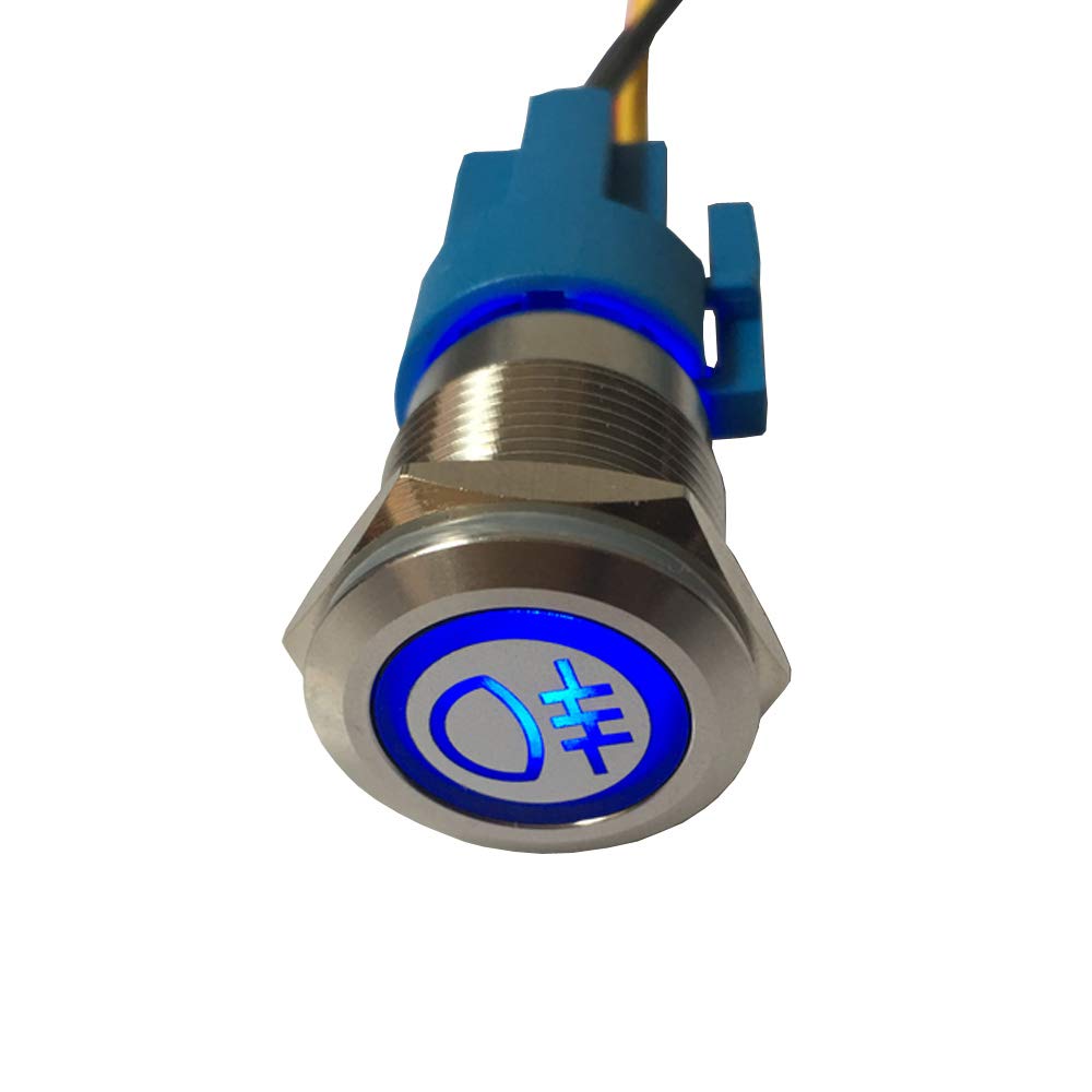 tek NT81402 UNO1RC ESUPPORT 12V Car Vehicle Blue LED Light Rear Fog Push Button Metal Toggle Switch Socket Plug - 19 mm